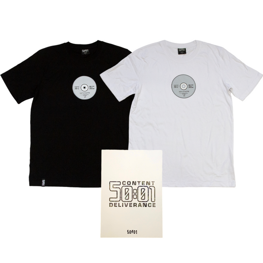 50to01 - Content and Deliverance Tee and Book with Enclosed DVD + Sticker Sheet